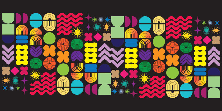 Abstract geometric pattern with colorful shapes, including wavy lines, circles, rainbows, stars, and chevron arrows, arranged in a vibrant, modern, and playful composition on a