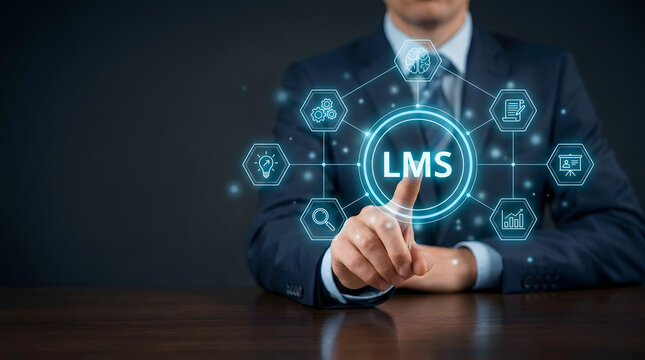 Businessman in suit interacting with LMS learning management system digital interface concept