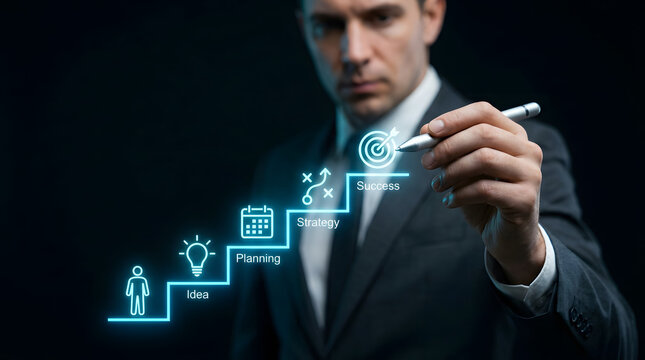 Businessman in suit pointing to digital success strategy concept with glowing icons and steps
