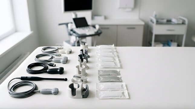 sterile ultrasound probes accessories and diagnostic supplies arranged on clean medical workstation inside modern imaging examination room