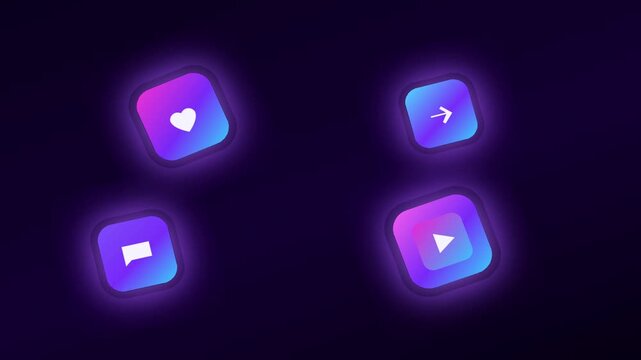 Digital like and save icons glowing on dark background. Social media engagement buttons with neon lighting for marketing campaigns.