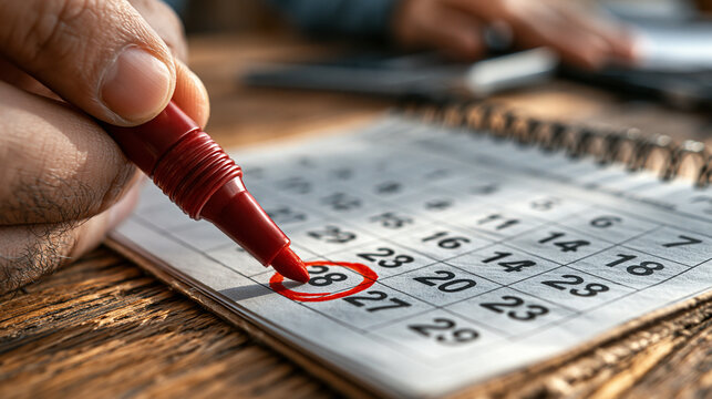 Marking a Date: A close-up shot shows a hand holding a red marker, circling a date on a calendar. This image conveys the idea of planning, scheduling, and important events.