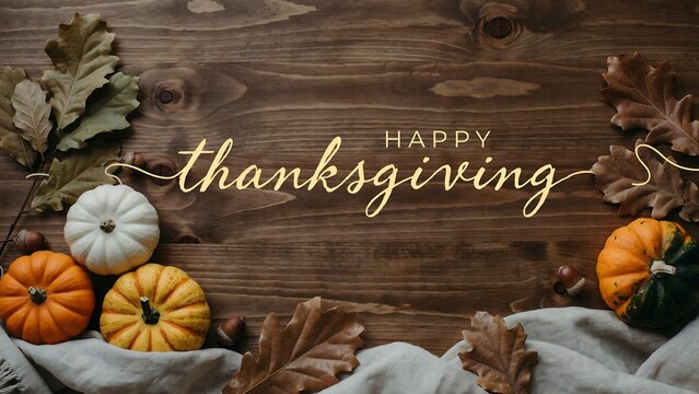 Pumpkins and oak leaves arranged on a dark wood surface a thanksgiving themed flat lay composition autumn fall