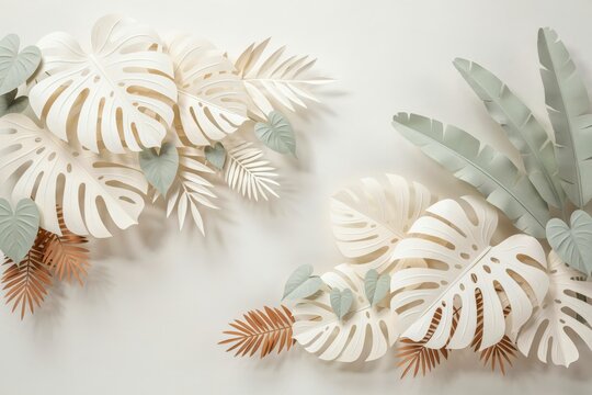 Decorative composition of white and pale green paper cut tropical monstera and palm leaves arranged on a plain light grey background