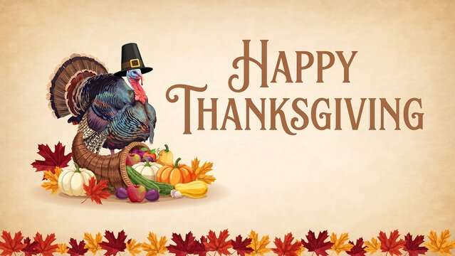 A realistic turkey with a pilgrim hat sits amongst autumn harvest vegetables and falling leaves thanksgiving fall poultry
