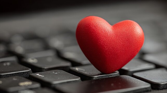 A vibrant red heart rests on a black laptop keyboard, symbolizing love, connection, and digital romance in modern times.