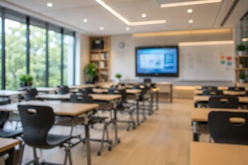 Fototapeta premium Classroom training room blurred background office education corporate conference seminar workshop modern interior learning environment