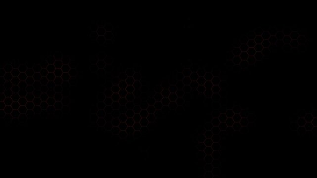 Seamless loop of glowing red hexagon clusters on a dark black field. Features a futuristic honeycomb grid pattern with a sleek, minimalist aesthetic for gaming or corporate tech.