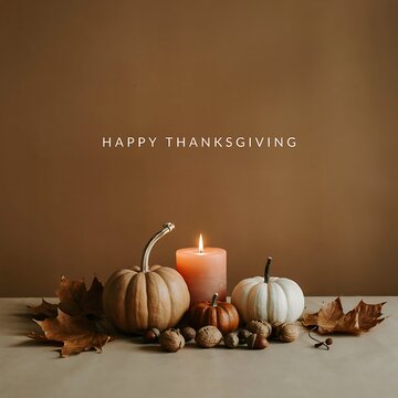 Thanksgiving still life featuring pumpkins nuts a lit candle and autumn leaves on a neutral surface fall gourds