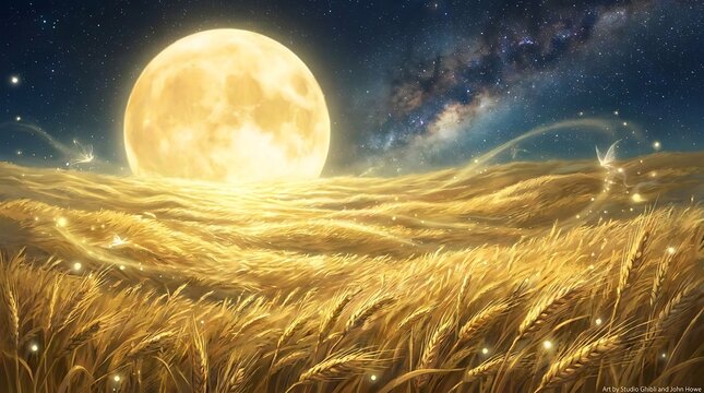 Golden wheat field under a full moon a magical thanksgiving wallpaper for festive home decor