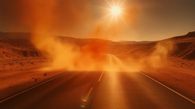 Desert Road Fire Smoke Sun Flare Dramatic Landscape.