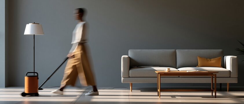 Motion blurred figure vacuums a sunlit minimalist living room, evoking effortless home care. Ideal for cleaning service ads, smart home tech, and interior lifestyle campaigns.