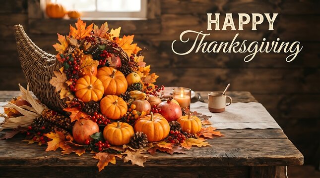 Festive thanksgiving wallpaper cornucopia with pumpkins berries and cozy autumnal still life