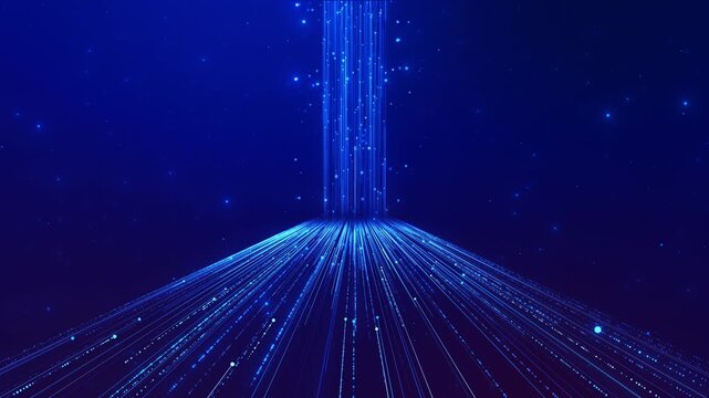 Blue digital light path portal glowing data lines, beam column, star particles, deep tech perspective. for network intros, software promos, science videos, futuristic screens, data tunnel overlays.