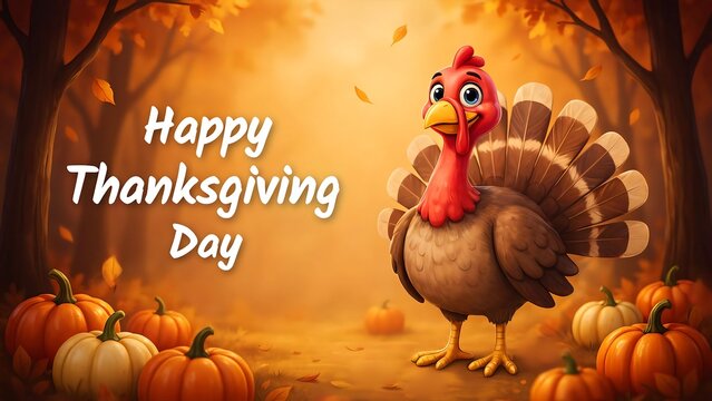 A turkey stands amidst pumpkins and autumn foliage in a digitally created scenic illustration thanksgiving fall gourd leaves