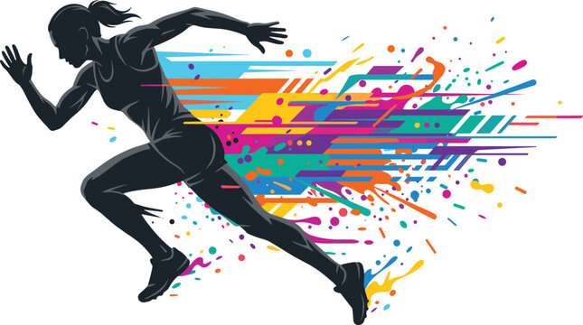 Dynamic Female Athlete Runner Silhouette Vector Graphic Design with Colorful Paint Splashes and Speed Motion Trails for Sports and Fitness Concept