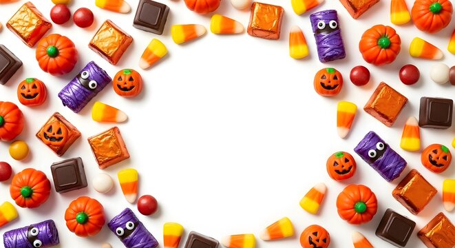 Halloween candy border with pumpkins, chocolate, and candy corn isolated on white background