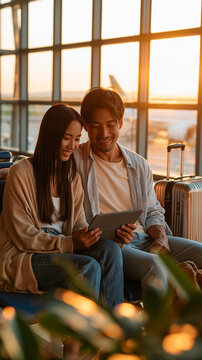 Couple in Airport Lounge: A smiling couple, possibly on vacation or a business trip, sits comfortably in a modern airport lounge by large windows, looking at a tablet together.