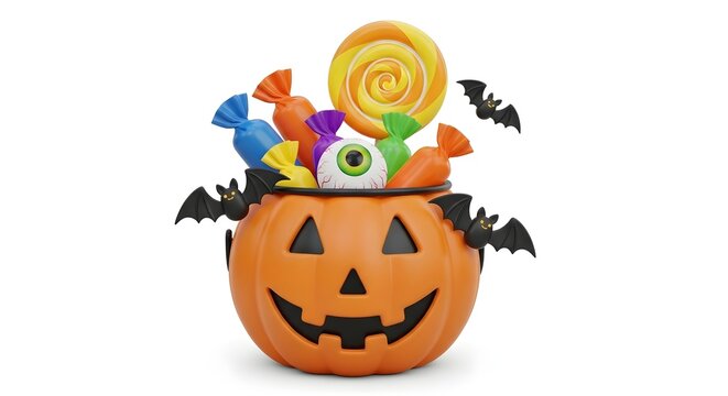 Halloween pumpkin bucket with candy, lollipop, eyeball, and bats isolated on white background