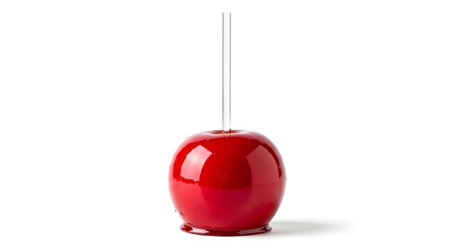 Shiny red candy apple on a stick isolated on white background