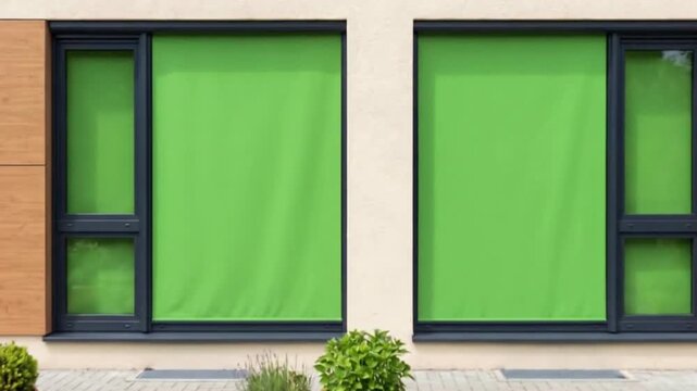 Video, close-up, advertising media featuring a house window with a green screen, buildings,