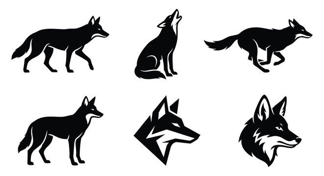 Wolf Silhouettes Collection Black Vector Illustrations On White Background