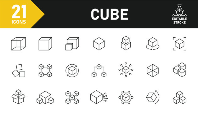 Cube line icon set. Set of 21 outline icons related to cube, module, block, box, geometric shape and others. Editable stroke. Vector illustration.