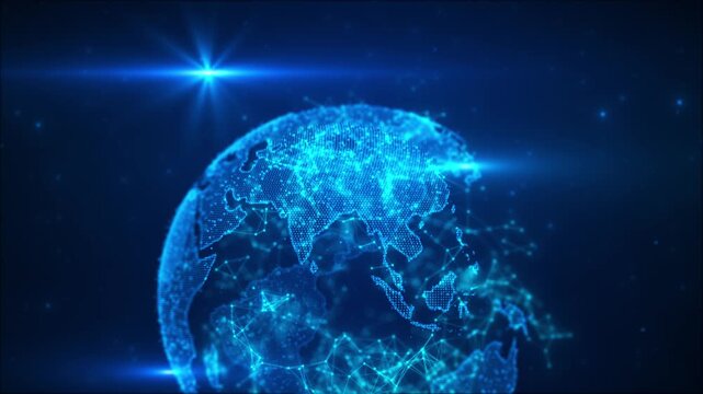 Blue digital globe network glowing world map, connected nodes, lens flares, dark technology space. global business videos, data networks, cyber intros, AI promos, futuristic overlays.