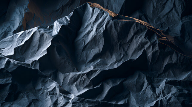 Crumpled paper surface resembling a rugged mountain landscape, illuminated by blue and warm light, creating deep shadows and an abstract texture background