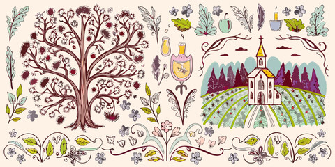 Pastoral Scene With Church And Foliage Hand drawn Vector Illustration © Bijon
