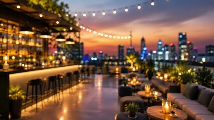 Obraz premium Rooftop bar lounge sunset city skyline bokeh lights luxury evening atmosphere hospitality outdoor restaurant nightlife terrace