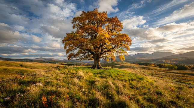 Single large tree standing in an autumn field under cloudy sky
