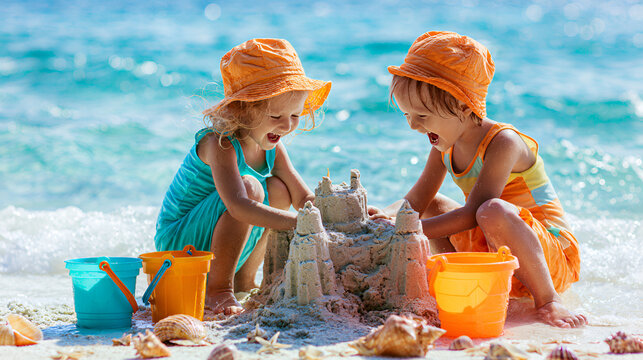 Two smiling children building a sandcastle together on a sunny beach