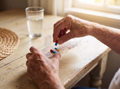 Senior person taking daily medication from a plastic pill organizer