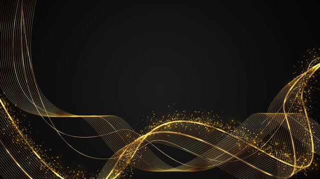 Golden abstract wave line background flowing ribbons, sparkling particles, black center space, and elegant motion feel. luxury titles, music visuals, festive intros, wedding screens, premium overlays.