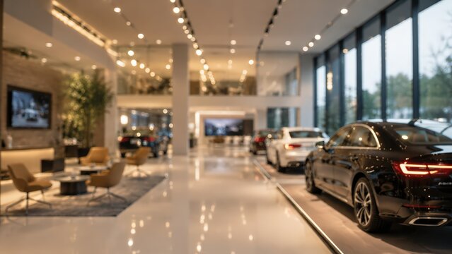 Luxury car showroom dealership interior modern automotive retail space blurred background vehicle display elegant auto gallery transportation industry