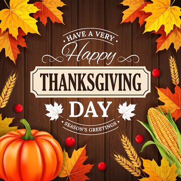 Thanksgiving day greeting with autumn leaves pumpkins corn and wheat a vector illustration fall harvest holiday seasonal celebration
