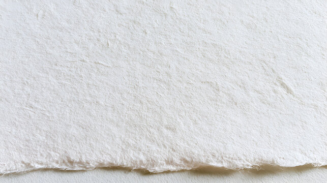 Textured white paper surface showing natural fibers and a rustic deckle edge, creating an organic background suitable for various design, art, and creative concepts