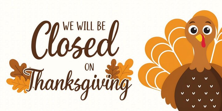 Thanksgiving announcement featuring a stylized turkey illustration and autumnal leaf elements in a vector design autumn fall holiday