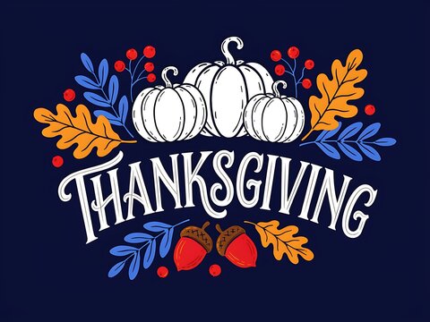 Floral ornament featuring pumpkins leaves and berries with thanksgiving text vector illustration autumn fall gourds squash foliage acorns