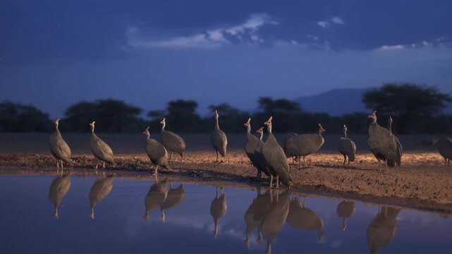 Birds in Africa on night Safari, Helmeted Guinea Fowl on African Wildlife Nature Safari in the wild in natural habitat.