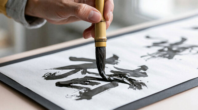 Japanese Calligraphy Art: A close-up captures a hand gracefully wielding a brush, creating intricate black ink characters on white paper, showcasing the elegance of traditional Japanese calligraphy.