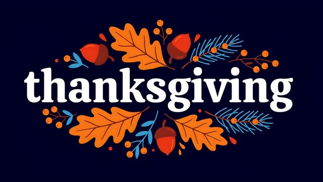 Autumn foliage and acorns surround the word thanksgiving in a vector illustration with a dark blue background fall