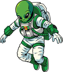 Obraz premium Detailed retro hand drawn illustration of a green alien in a green-accented spacesuit floating through outer space