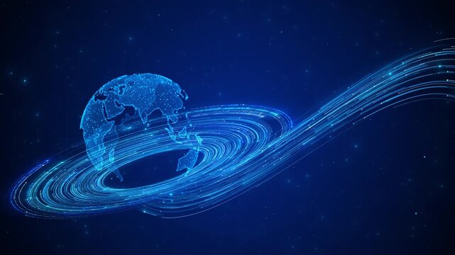 Blue global orbit background glowing earth map, sweeping light trails, star particles, deep digital space for worldwide network videos, travel promos, data transfer visuals, tech intros, and overlays.