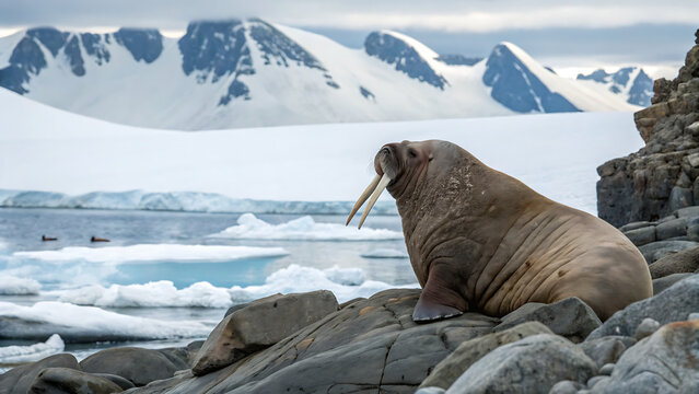 Large Walrus With Long Tusks Resting On Arctic Shoreline Rocks Background.