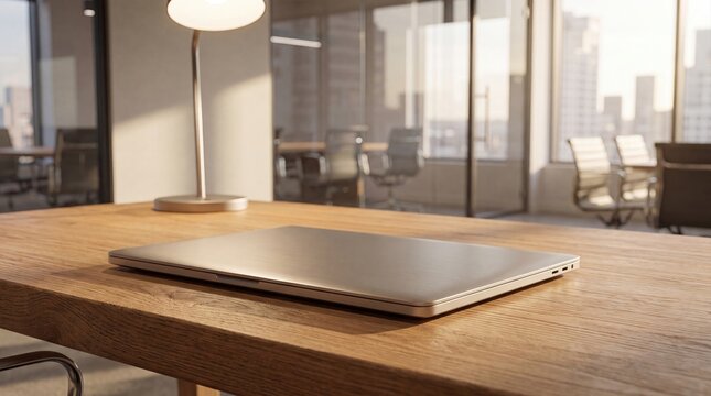 Closed silver laptop on natural wooden office desk with bright sunny skyscraper view through window.