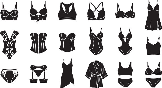 Premium Women's Lingerie and Sleepwear Silhouette Vector Bundle with Bras, Bodysuits, Panties, Robes and Nightwear Collection
