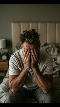Heartbreak in the Bedroom: A man sits on the edge of his bed, head in hands, overwhelmed by grief and despair, the dim light adding to the somber mood.