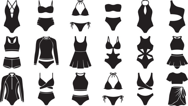 Premium Women's Swimwear and Beachwear Silhouette Vector Bundle with Bikinis, One Piece Swimsuits, Rash Guard and Resort Wear Collection